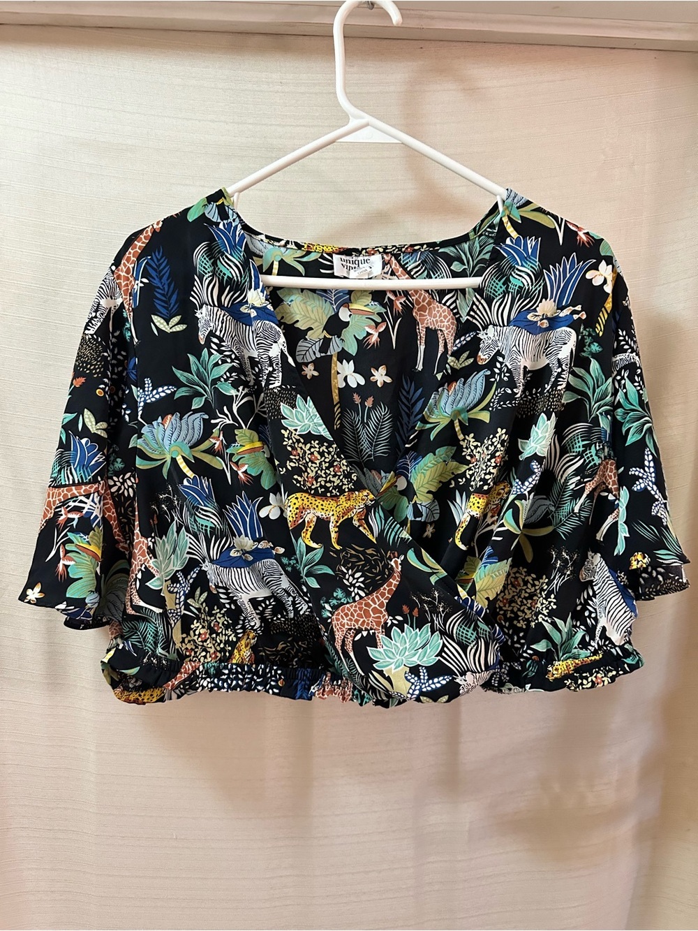 Unique Vintage Safari Animal Print Crop Top Zebra Giraffe Toucan Flutter Sleeve